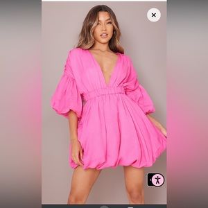 Hot Pink Puff Sleeve Puffball Hem Shift Dress